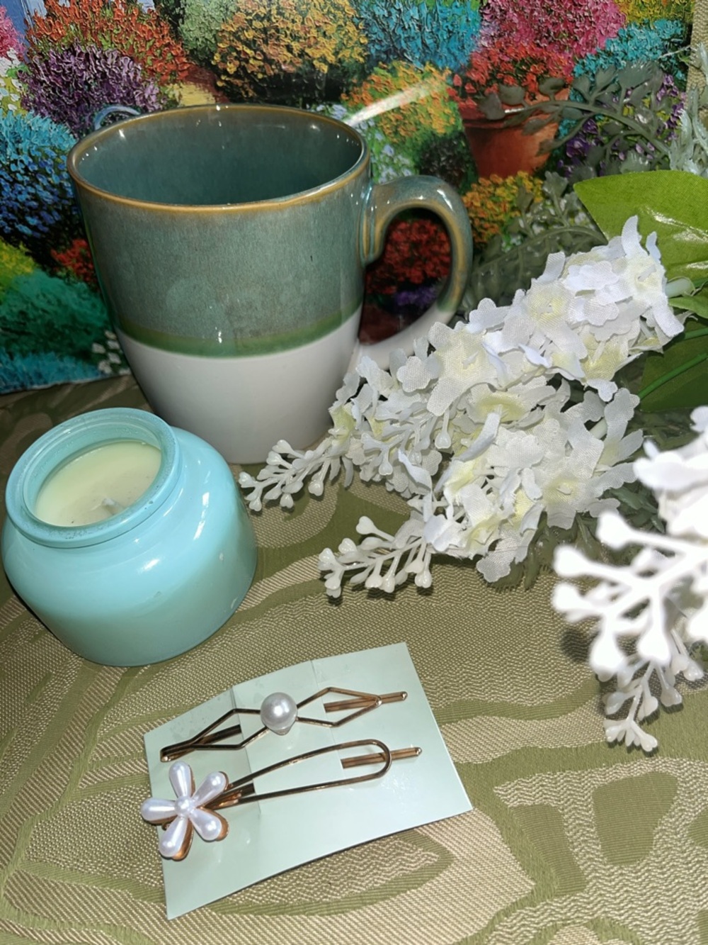New Green Garden Ceramic 2-Tone Green Mug 3pc bundle w/candle & accessories🪴